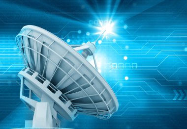 Soyut teknoloji arka planında uydu anteni. 3d illüstrasyon