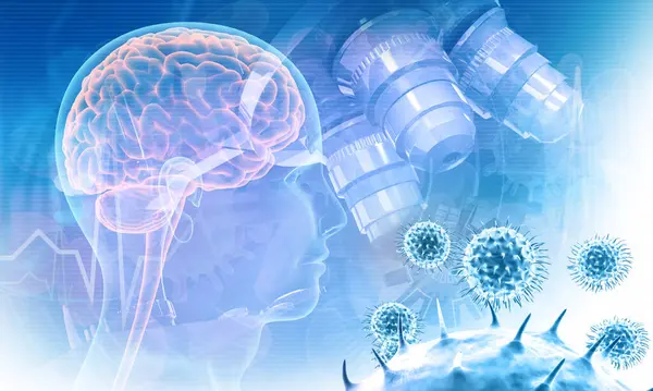 Virenforschungskonzept Menschliches Gehirn Und Mikroskop Mit Virus Wissenschaftlicher Hintergrund Illustration — Stockfoto