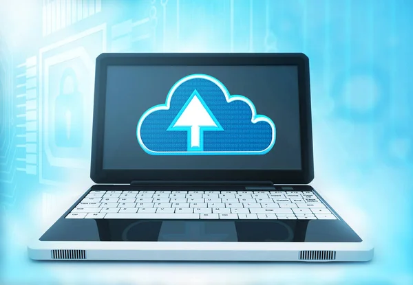 Laptop computer with cloud upload icon. Technology background. 3d illustration