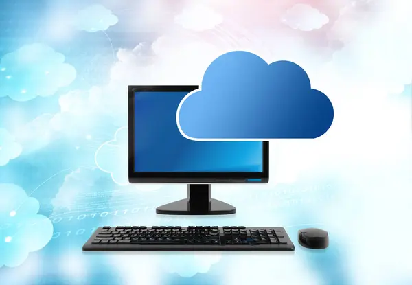 Desktop computer with cloud icons. 3d illustration