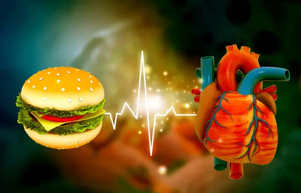 Fast food burger with human heart. 3d illustration