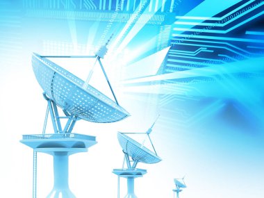 Dijital teknoloji arka planında uydu antenleri. 3d illüstrasyon