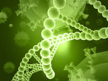 Virüs arka planında DNA molekülü. 3d illüstrasyon