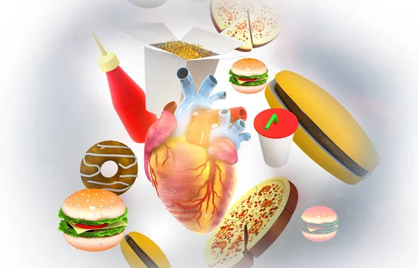 Fast food and human heart anatomy. 3d illustration