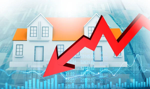 Real estate market economic crisis. Red arrow down over economic background. 3d illustration