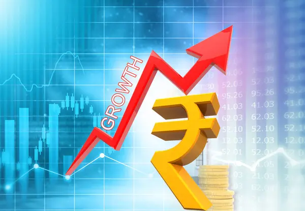 Indian rupee icon with moving red arrow on stock market graph. 3d illustration