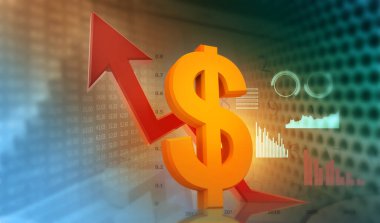 Ok grafiği olan dolar sembolü. Ok sembolü dolar büyümesini gösteriyor. 3d illüstrasyon