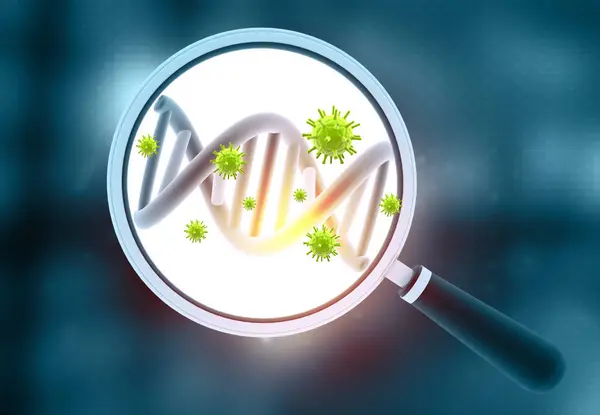 Magnifying glass with dna and virus. 3d illustration