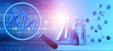 Kimya laboratuvarı ekipmanlı büyüteç ve DNA molekülleri. 3d illüstrasyon