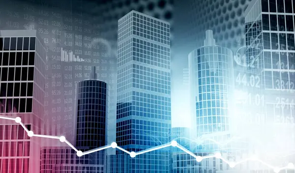 stock market graphs and statistics in a modern city. Skylines. Stock trading and financial market. 3d illustration