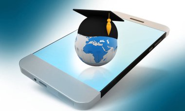 Smartphone  with Global and graduation hat. online education concept. 3d illustration