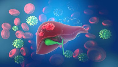 Diseased liver on virus background. 3d illustration	
