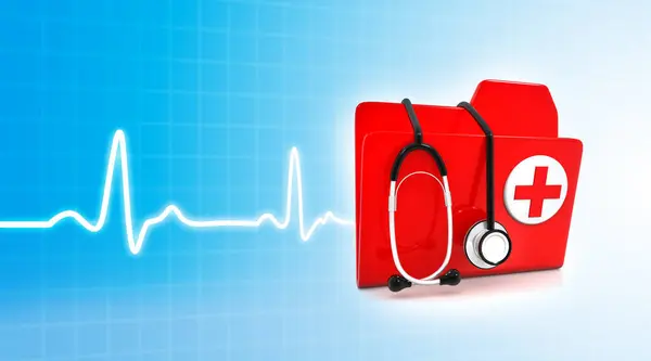 Stethoscope and medical symbol on blue background. 3d illustration