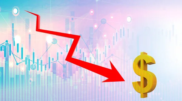 Downward arrow with dollar symbol on stock market background. 3d illustration
