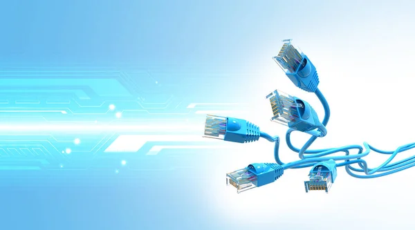 Network cables  on blue tech background. 3d illustration