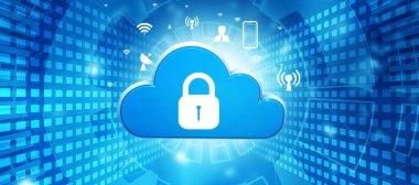 Dijital arka planda asfalt kilidi olan bulut. Bulut hesaplama güvenlik konsepti. 3d illüstrasyon