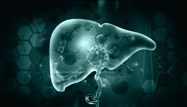 Tıbbi geçmişinde virüs olan insan karaciğeri. 3d illüstrasyon