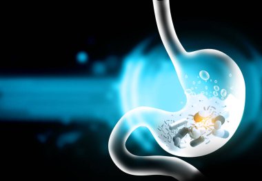 İnsan midesinde ilaç hapları. 3d illüstrasyon