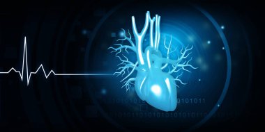 Mavi arka planda kalp ve EKG grafiği. 3d illüstrasyon