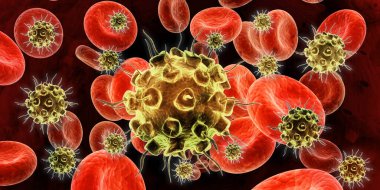 Hastalık hücreleri ile Coronavirus arka planı ve kırmızı kan hücresi 3D çizimi