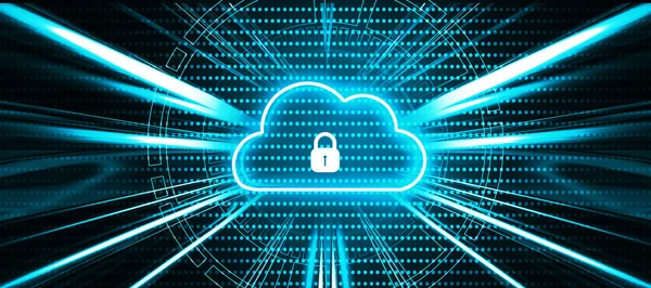 Cloud with pad lock in digital background. Cloud computing security concept. 3d illustration