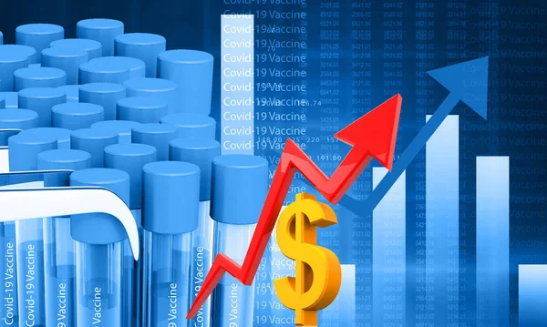Corona vaccine with dollar and arrow graph. 3d illustration
