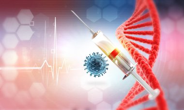  Covid aşı şişesi doz ilaç şırıngası DNA türleri, koronavirüs kovid 19 aşı reseaksiyonu. 3d illüstrasyon
