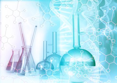 Bilimsel arka planda kimya laboratuvarı ekipmanları. 3d illüstrasyon