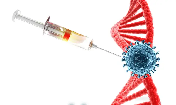 Covid Vaccin Injectieflacon Dosis Geneesmiddelnaald Met Dna Stam Coronavirus Covid — Stockfoto