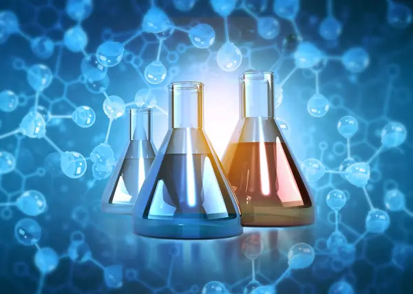 Chemistry lab equipment on scientific background. 3d illustration