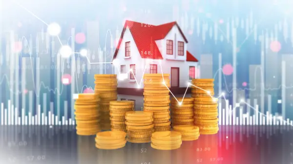 3d model house and money on  financial stock market background. 3d illustration