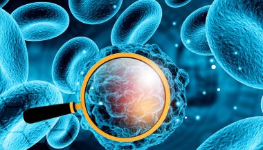 Büyütecin altındaki virüs hücresi. 3d illüstrasyon