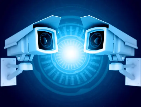 Security camera system on tech background. 3d illustration