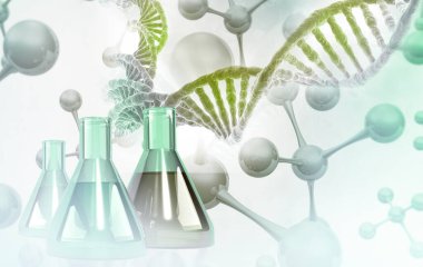 DNA ve moleküllerle dolu bir laboratuvar şişesi. Kimya geçmişi. 3d illüstrasyon