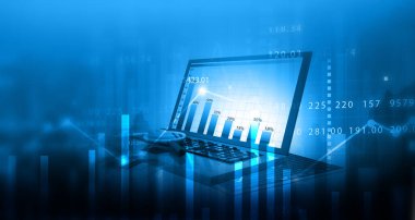 Dizüstü bilgisayarlı borsa grafiği. 3d illüstrasyon