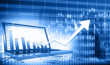 Laptop bilgisayarlı iş çizelgeleri, finansal konsept geçmişi. 3d illüstrasyon