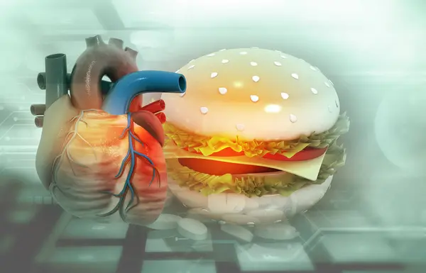 Burger fast food with human heart. 3d illustration
