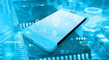 Fütürist teknoloji geçmişi olan modern akıllı telefon. 3d illüstrasyon