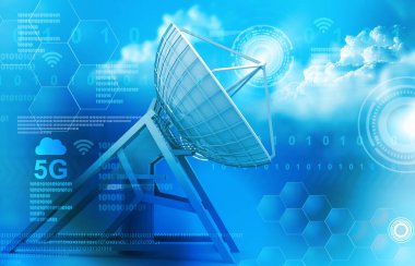 Uydu antenleri soyut iletişim teknolojisi arka planında. 3d illüstrasyon