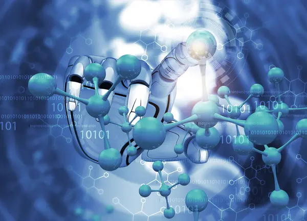 Robotic Hand Touching Molecules Illustration — Stock Photo, Image