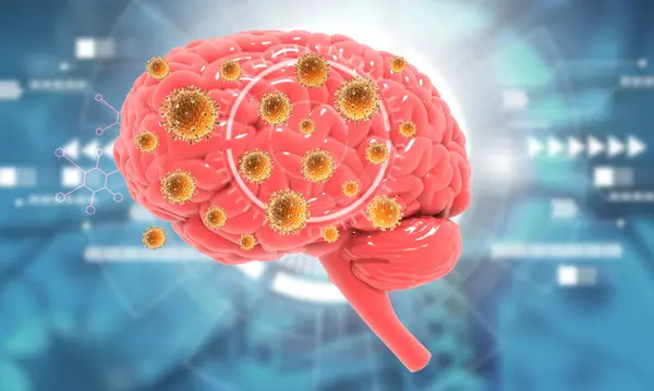 人間の脳細胞に対するウイルス攻撃 3Dイラスト — ストック写真