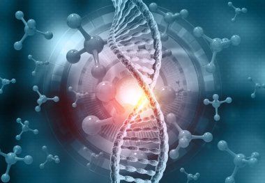 Moleküllerin arka planında DNA ipliği. 3d illüstrasyon