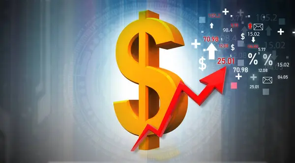 Dollar symbol with arrow graph moving up.3d illustration