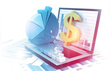 Çevrimiçi iş büyüme kavramı. Bilgisayarlı dolar ve grafik grafiği. 3d illüstrasyon