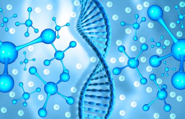 Moleküllerin arka planında DNA ipliği. 3d illüstrasyon
