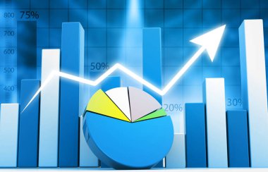 İş grafiği şeması, bar çizelgesi ve renk arkaplanlı borsa. 3d illüstrasyon
