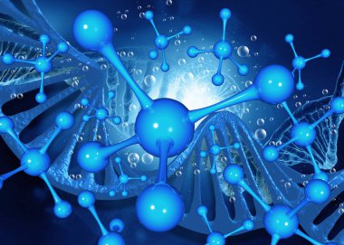 Moleküllerin arka planında DNA ipliği. 3d illüstrasyon