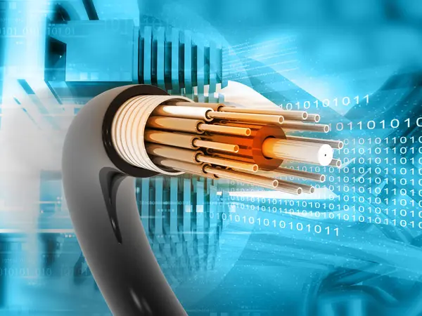 Dijital teknoloji arka planında optik fiber kablo. 3d illüstrasyon