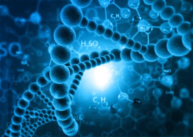 Soyut moleküllerdeki DNA ipliği mavi renk arkaplanı. 3d illüstrasyon