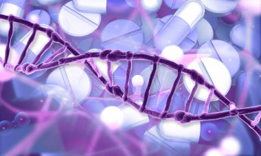 İlaç geçmişinde DNA ipliği var. 3d illüstrasyon